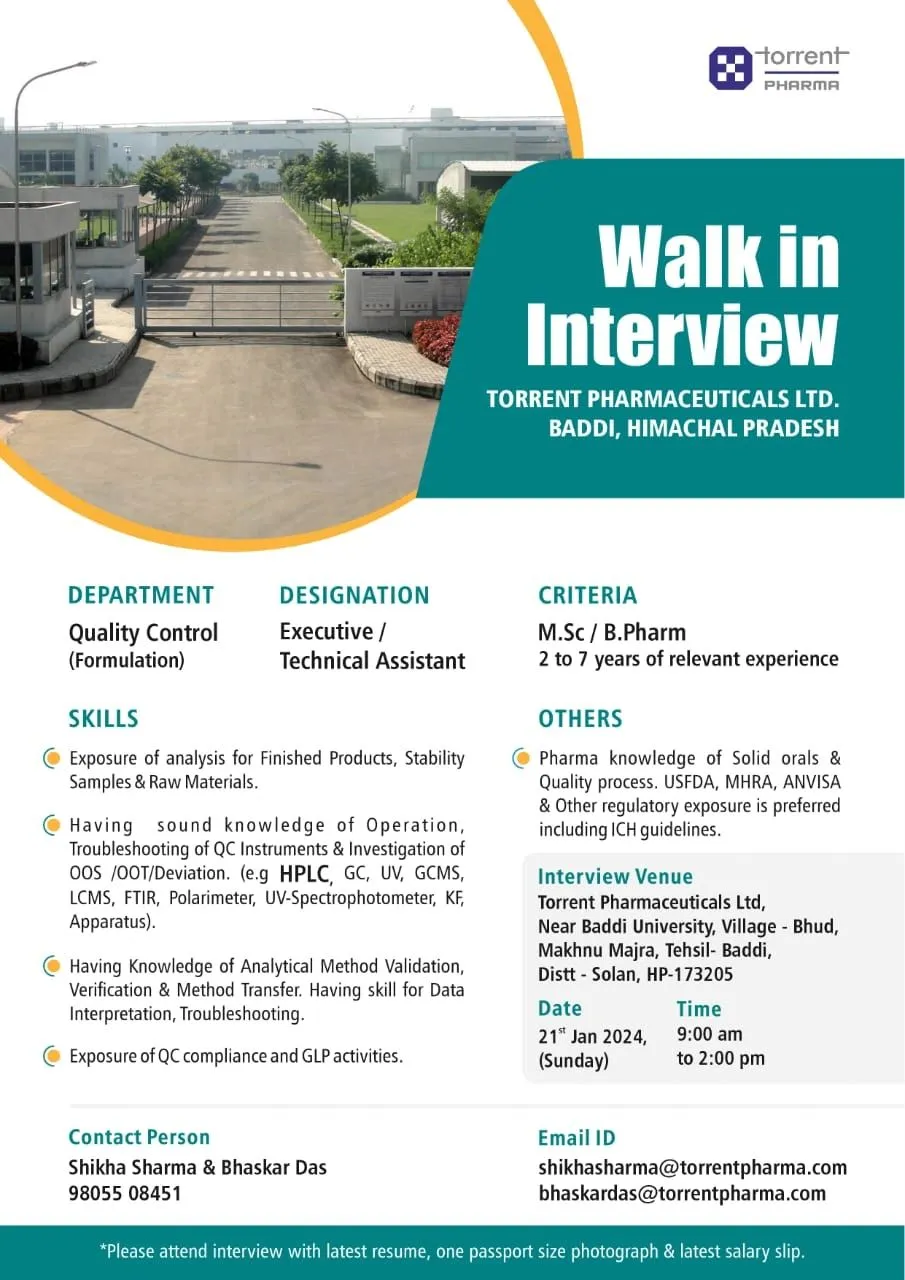 Torrent Pharma - Walk-In Interviews for QC, QA, QC-Micro, Manufacturing, Packaging, Technology Transfer on 21st Jan 20243